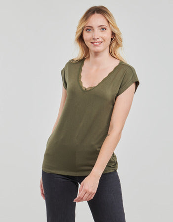 Camicetta donne Only  ONLMOSTER S/S LACE V-NECK TOP CS JRS  Verde