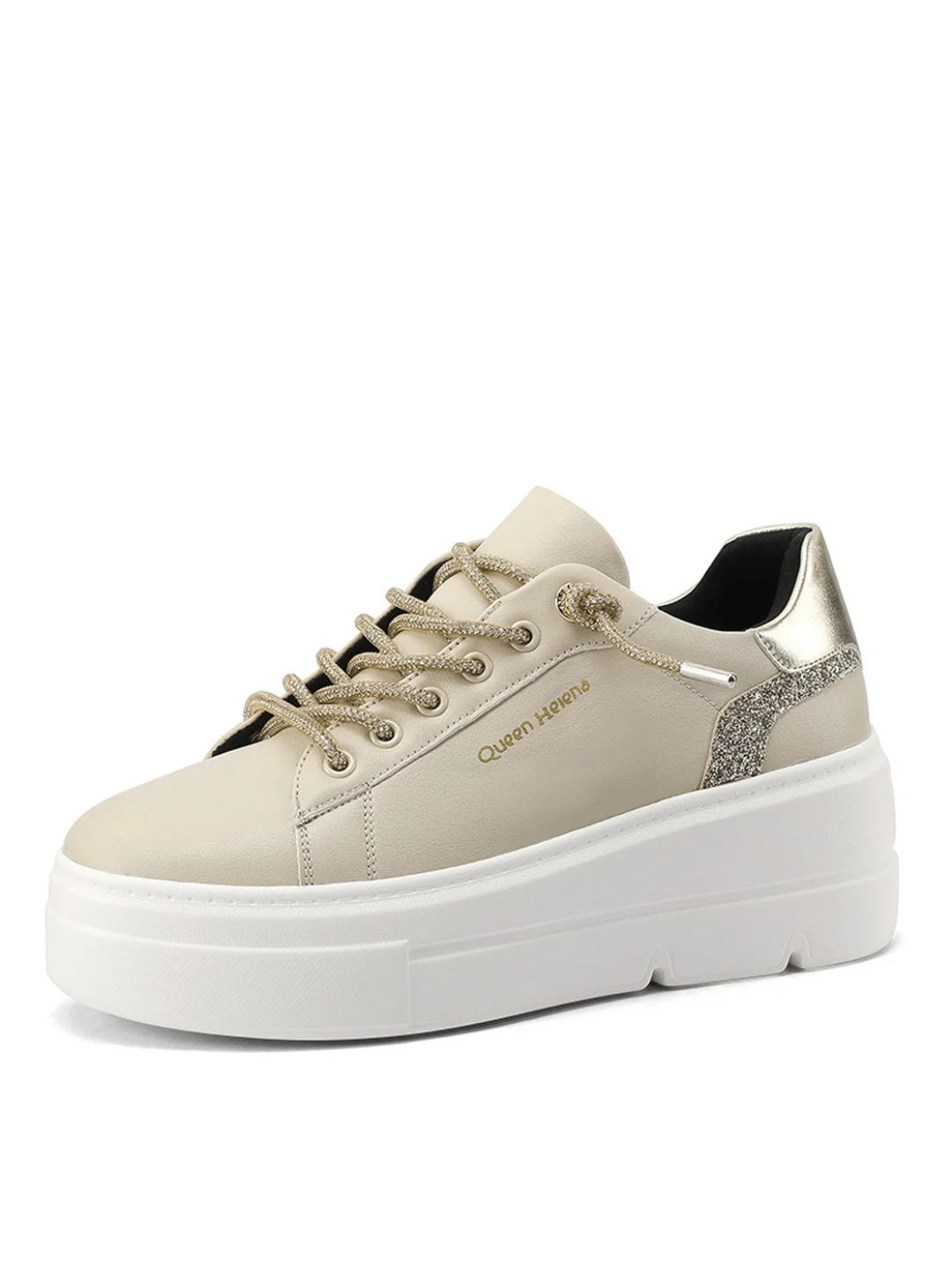 QUEEN HELENA Sneakers con Zeppa e Lacci Con Strass (X31-13) - Bianco e Blu, Beige