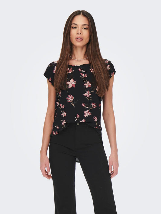 Only, ONLVIC S/S AOP TOP NOOS PTM - Blu, Floreale / Nero, Magnolia