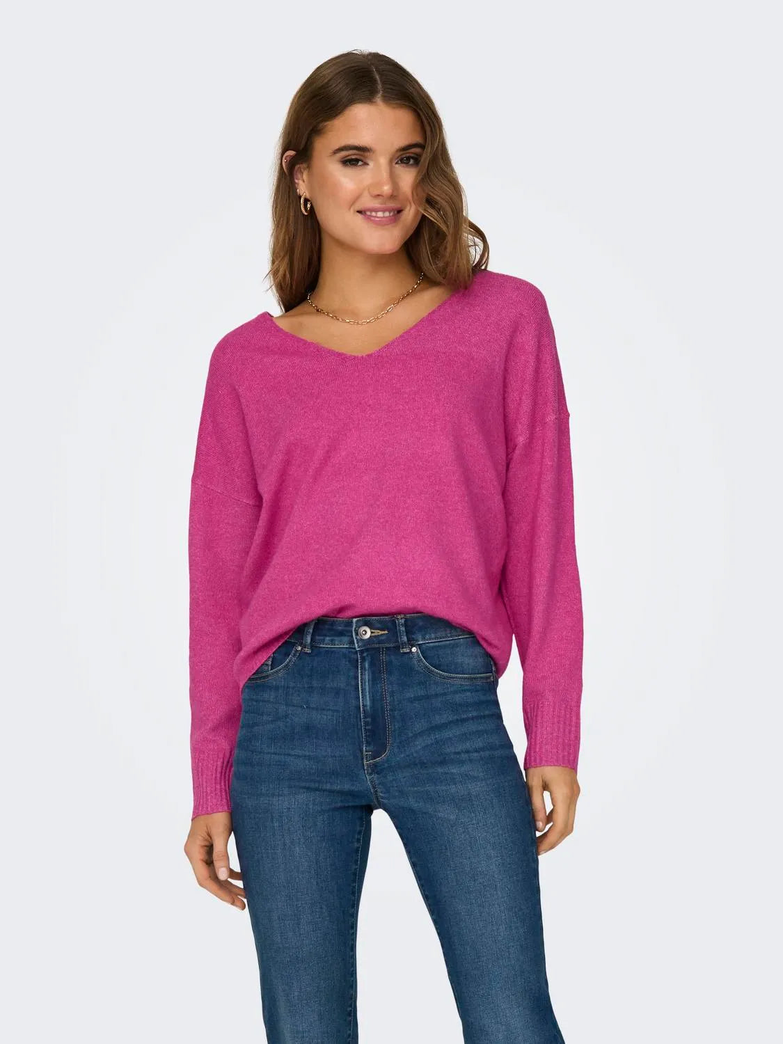 Only, ONLRICA LIFE L/S V-NECK PULLO KNIT NOOS - Magenta