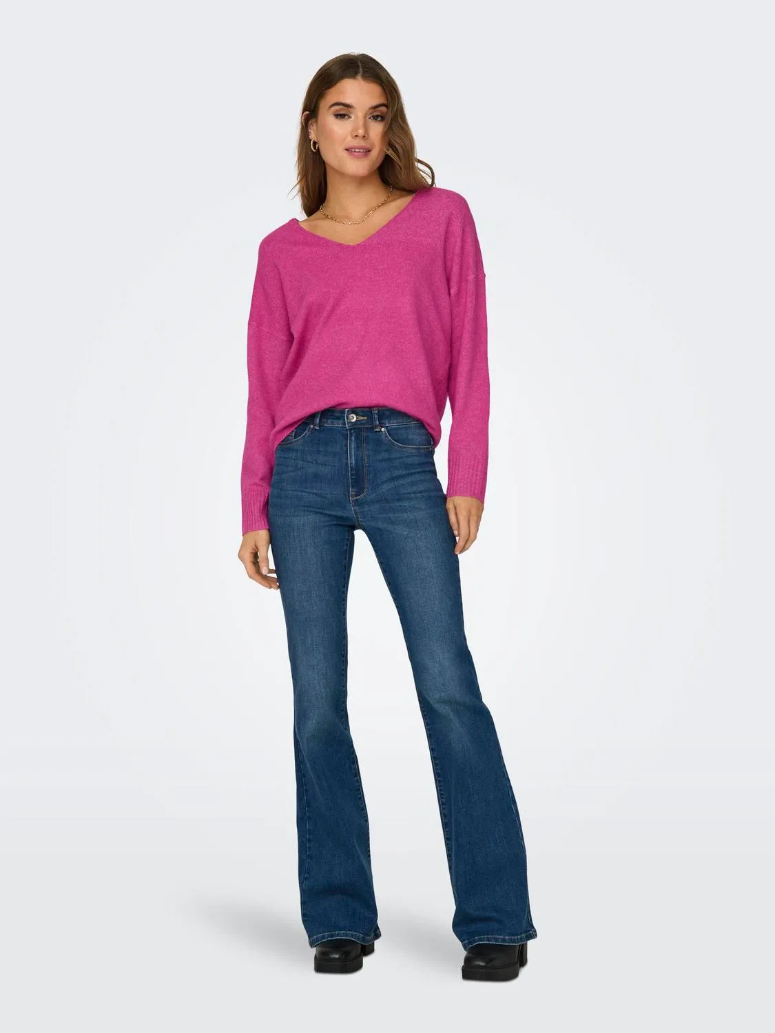 Only, ONLRICA LIFE L/S V-NECK PULLO KNIT NOOS - Magenta