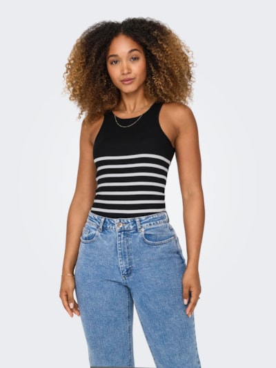 Only, ONLKENYA RIB STRIPE TANK TOP CS JRS - Nero e Bianco